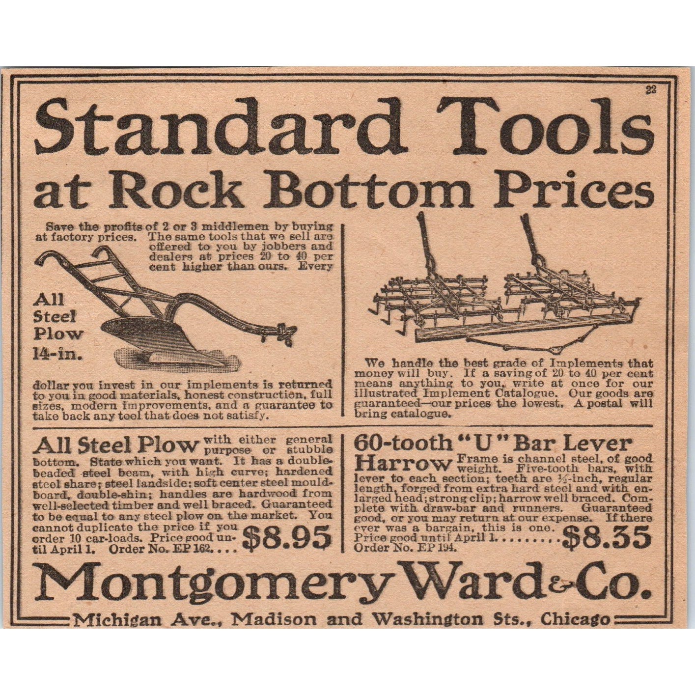 Montgomery Ward Standard Farming Tools Chicago 1905 Magazine Ad AF1-NEH