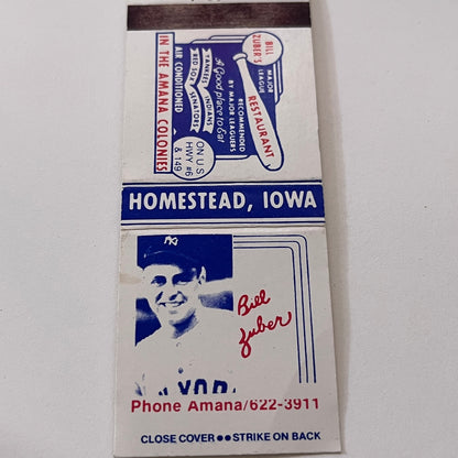 Bill Zuber's Major League Restaurant Homestead IA Matchbook Cover TB6-MB2-1