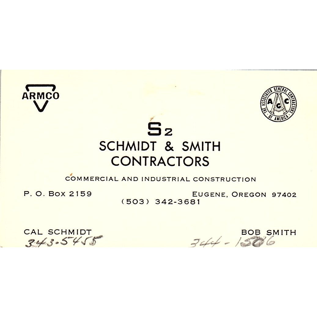 s2 Schmidt & Smith Contractors Cal Schmidt Bob Smith Eugene Business Card SD9-B3