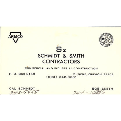 s2 Schmidt & Smith Contractors Cal Schmidt Bob Smith Eugene Business Card SD9-B3