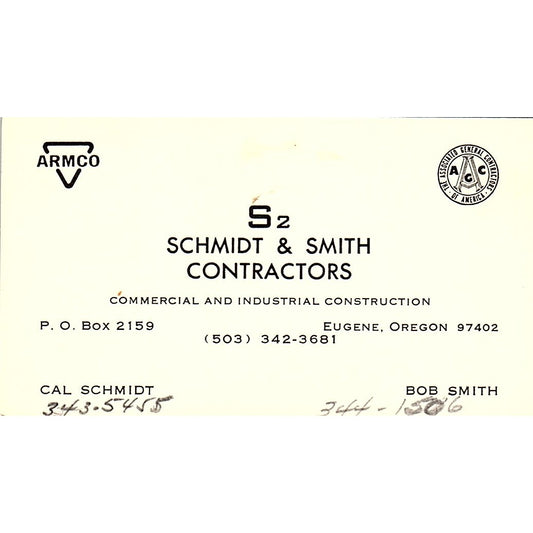 s2 Schmidt & Smith Contractors Cal Schmidt Bob Smith Eugene Business Card SD9-B3