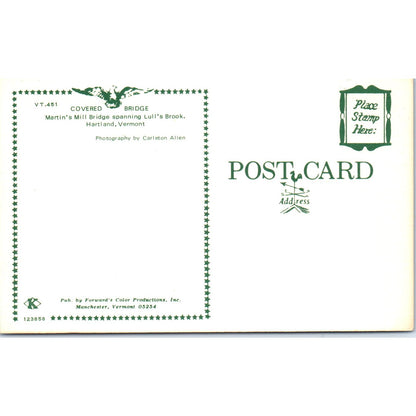 Martins Mill Bridge Lull's Brook Hartland VT Vintage Covered Bridge Postcard PD6