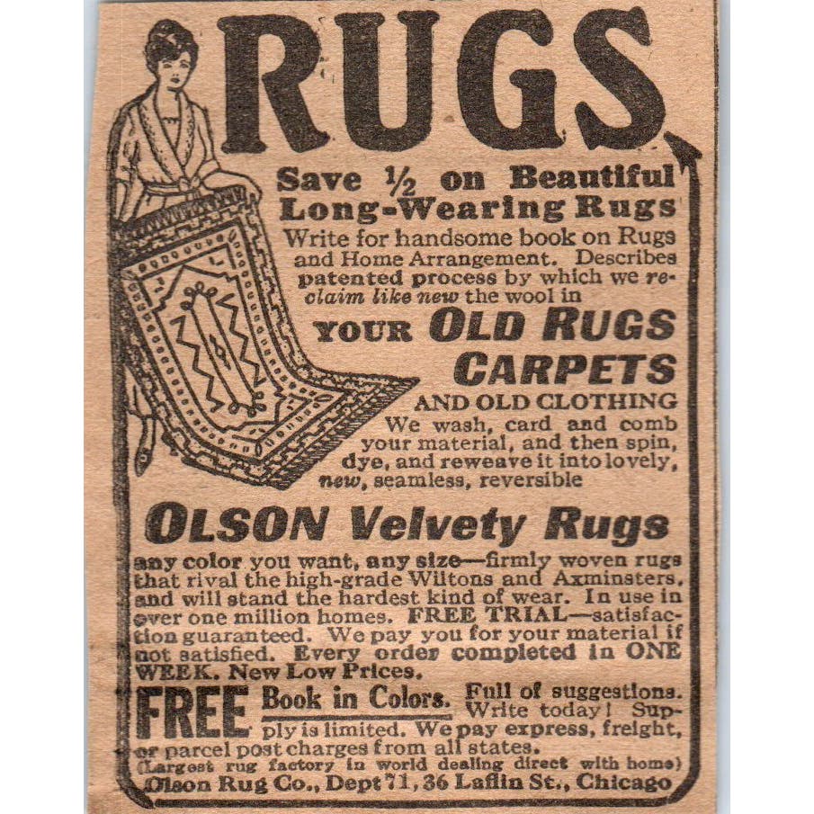 Olson Rug Co Chicago Velvety Rugs 1923 Magazine Ad Clip AE1-5