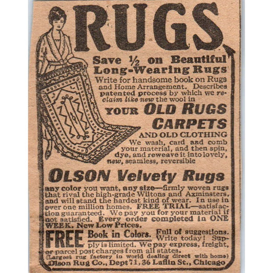 Olson Rug Co Chicago Velvety Rugs 1923 Magazine Ad Clip AE1-5