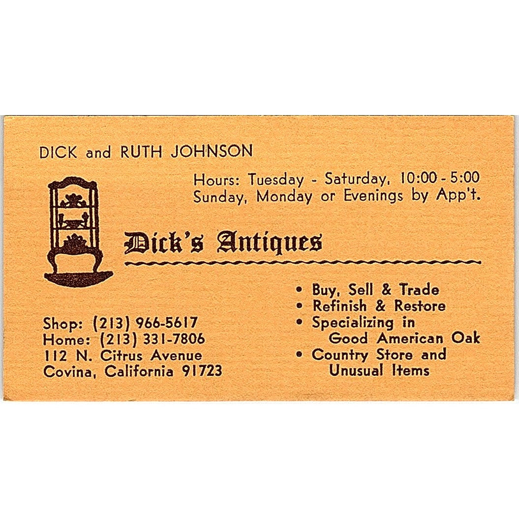 Dick's Antiques Dick & Ruth Johnson Covina CA Vintage Business Card SE3-B16