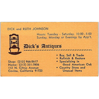 Dick's Antiques Dick & Ruth Johnson Covina CA Vintage Business Card SE3-B16