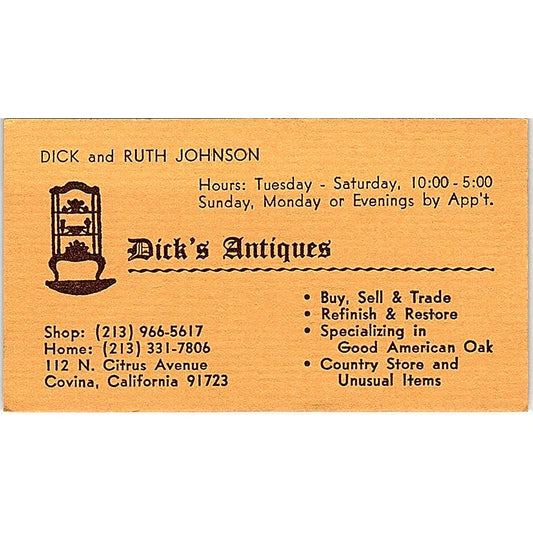 Dick's Antiques Dick & Ruth Johnson Covina CA Vintage Business Card SE3-B16