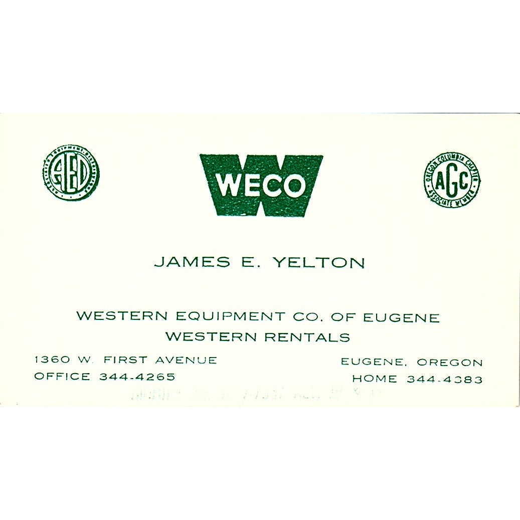 Western Equipment Co. James E. Yelton Eugene Oregon Vintage Business Card SB4-B5