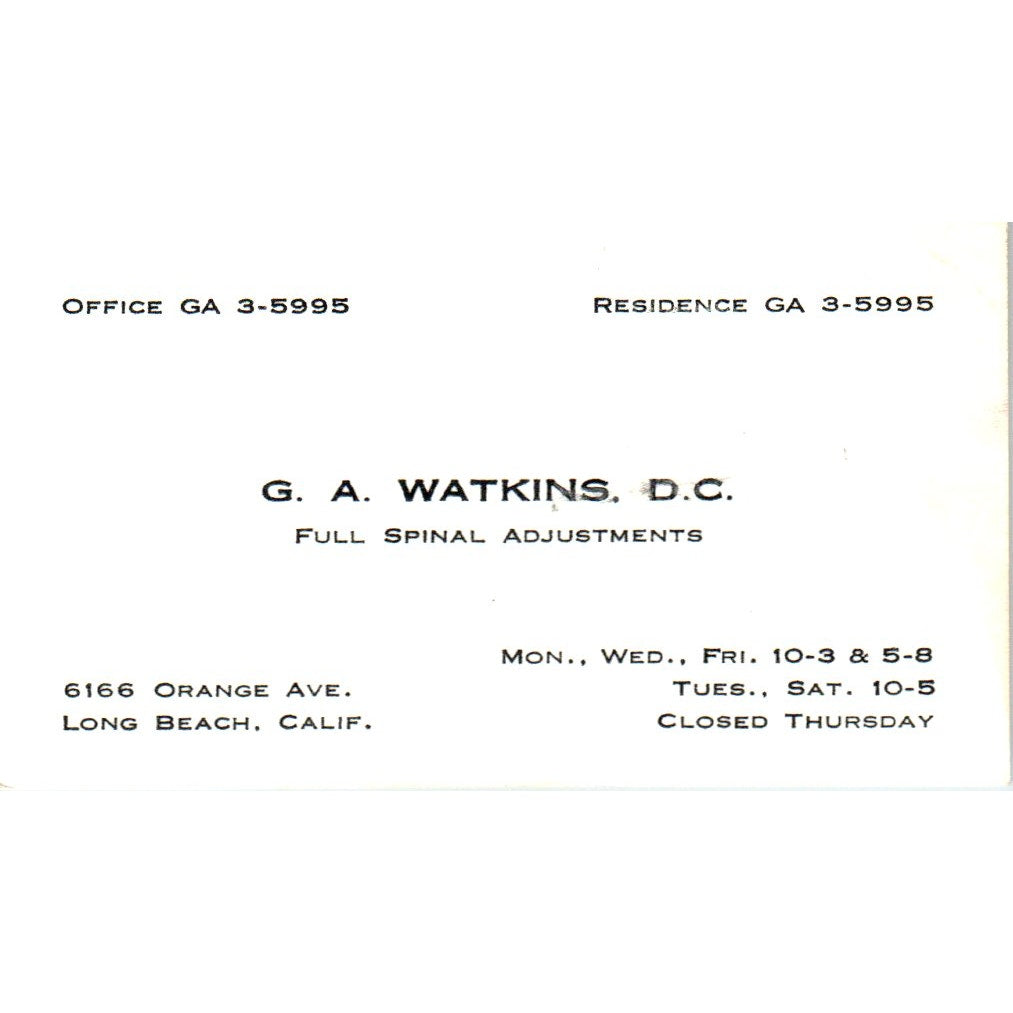G.A. Watkins D.C. Spinal Adjustments Long Beach CA Vintage Business Card SE3-B7