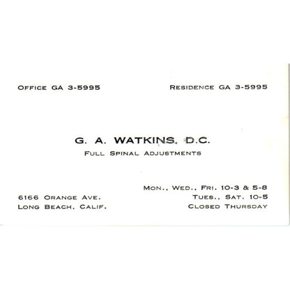 G.A. Watkins D.C. Spinal Adjustments Long Beach CA Vintage Business Card SE3-B7