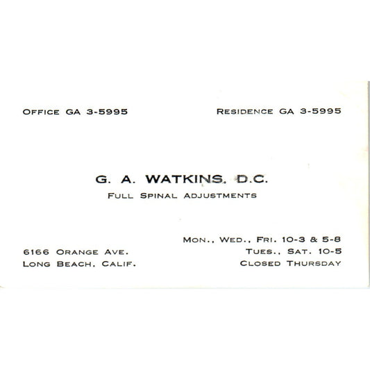 G.A. Watkins D.C. Spinal Adjustments Long Beach CA Vintage Business Card SE3-B7