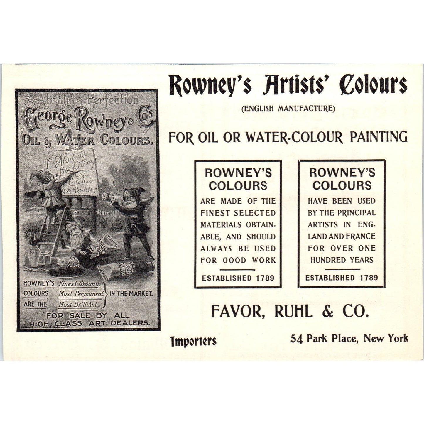Rowney's Artists' Colours Favor, Ruhl & Co NY c1905 Victorian Ad AE9-MA3