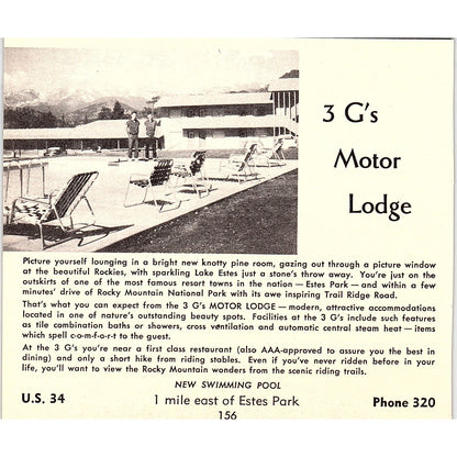 Park View Motel, 3 G's Motor Lodge Estes Park CO 1958 Ad AG1-H1