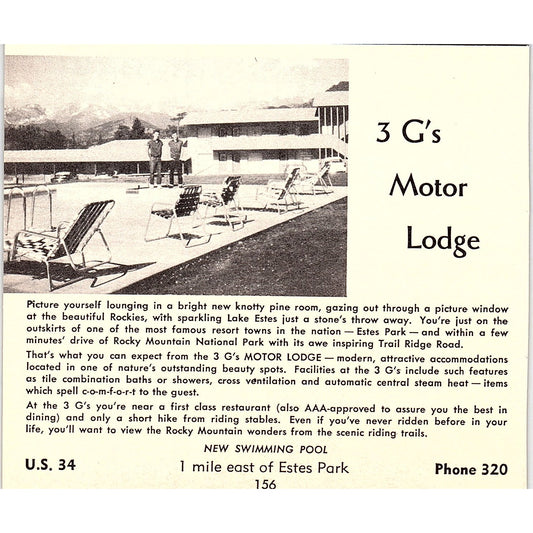 Park View Motel, 3 G's Motor Lodge Estes Park CO 1958 Ad AG1-H1
