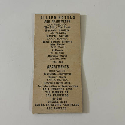 El Prado at the Plaza Hotel San Francisco c1940 Matchbook Cover MM15-2