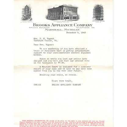 1943 Brooks Appliance Company Marshall Michigan Letterhead Memo D23