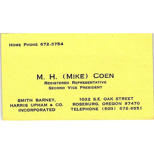 Smith Barney Harris Upham & Co M.H. Mike Coen Roseburg OR Business Card SF3-B4