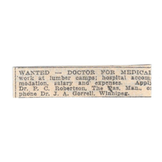 Dr. J.A. Gorrell, Dr. P.C. Robertson - Doctor Wanted Winnipeg 1920 Ad AG2-S14