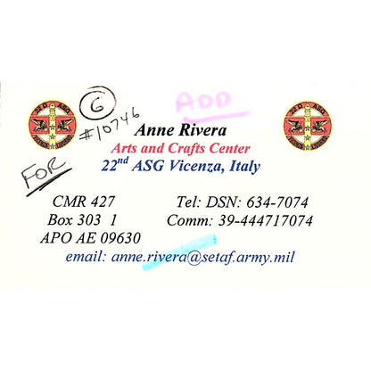 Anne Rivera Arts & Crafts Center ASG Vicenza Italy Vintage Business Card SC9-B9