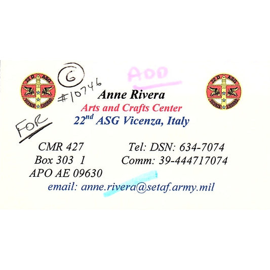 Anne Rivera Arts & Crafts Center ASG Vicenza Italy Vintage Business Card SC9-B9