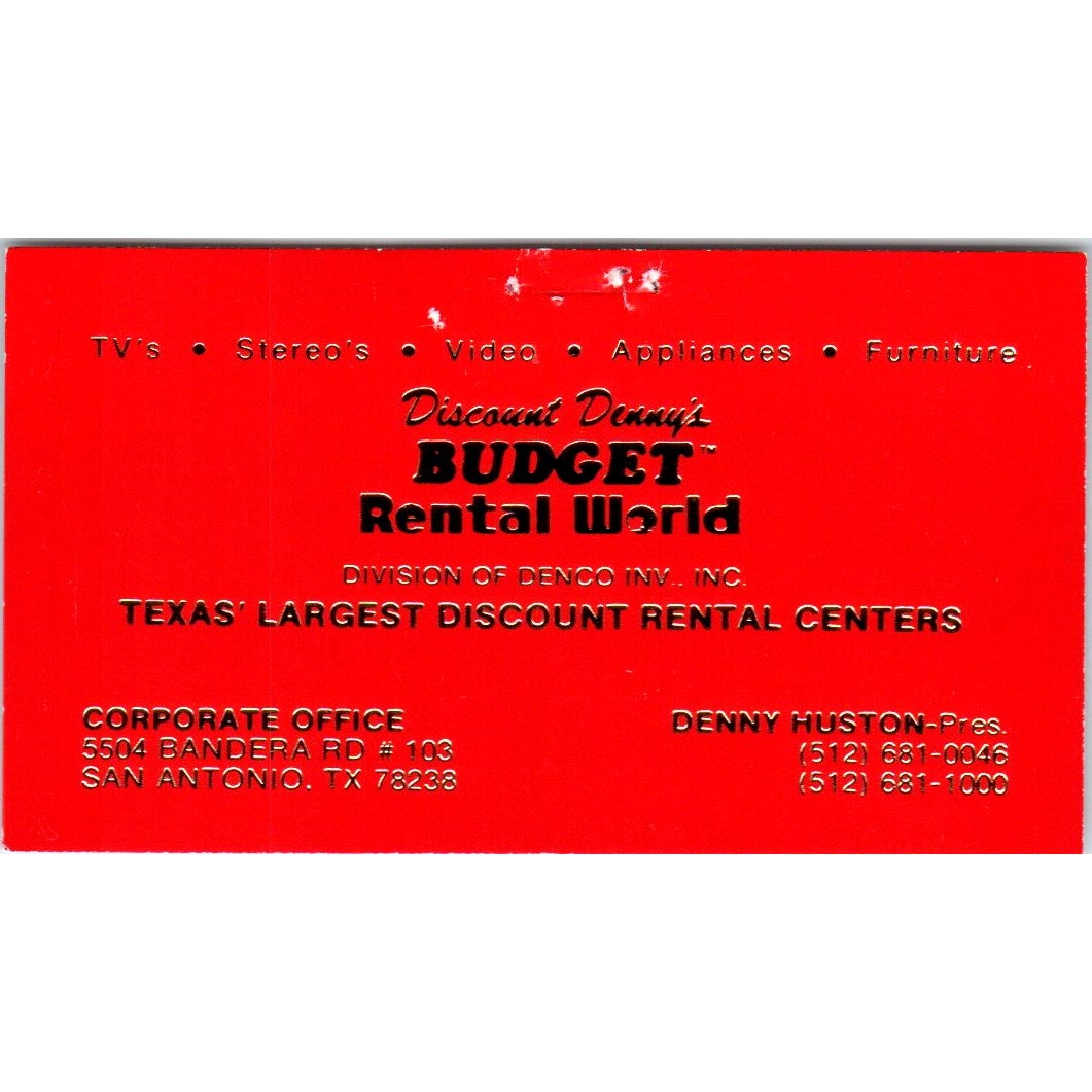 Denny Huston Budget Rental World San Antonio TX Vintage Business Card SD8-B4