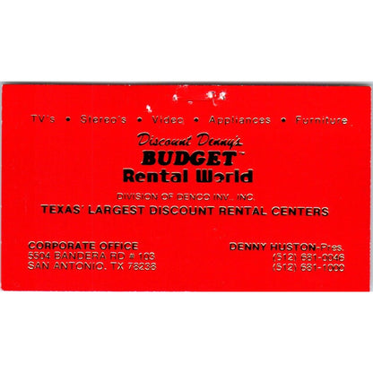 Denny Huston Budget Rental World San Antonio TX Vintage Business Card SD8-B4