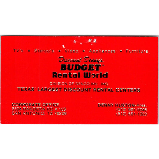 Denny Huston Budget Rental World San Antonio TX Vintage Business Card SD8-B4