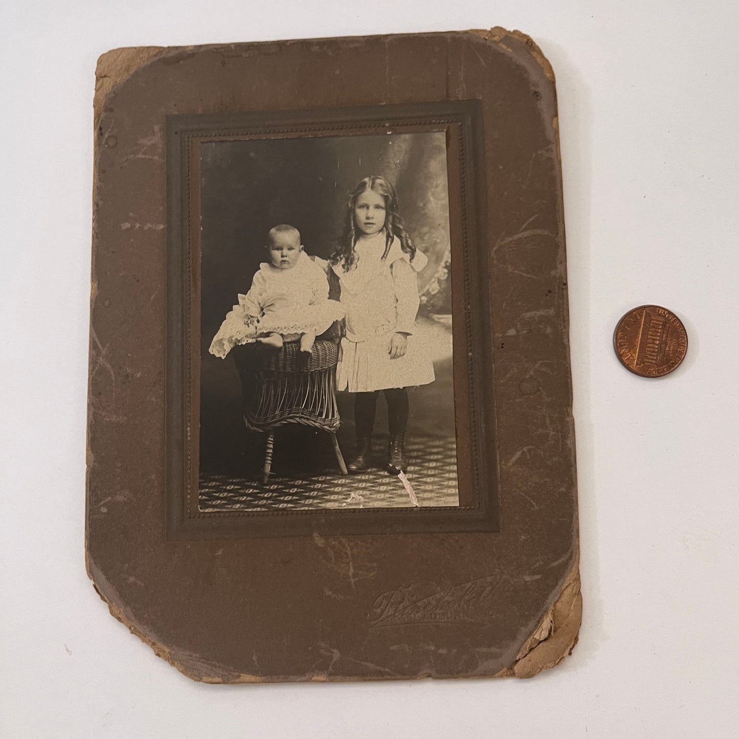 Curly Hair Girl & Baby Rinebold Auburn IN Antique Victorian CDV Card H4-2
