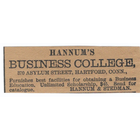 Hannum & Stedman Business College Asylum St Hartford 1886 Newspaper Ad AF7-SS7