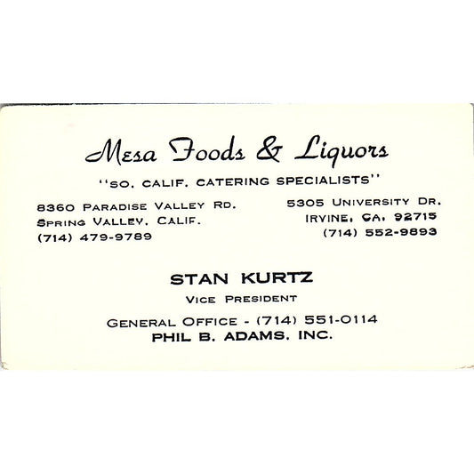 Stan Kurtz Mesa Foods & Liquors Irvine CA Vintage Business Card SD9-B10