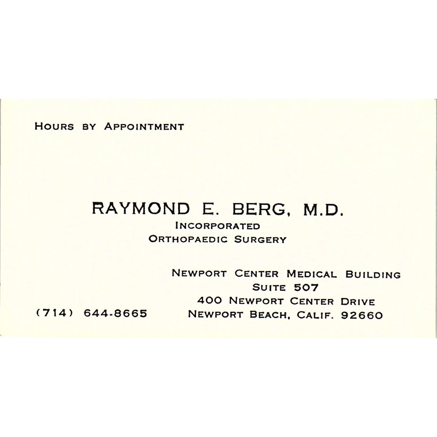 Orthopedic Surgery, Raymond  E. Berg, Newport Beach, CA Business Card SF3-B7