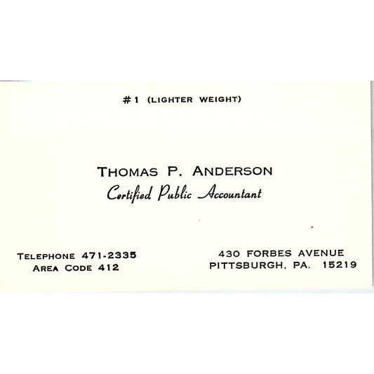 Thomas P Anderson CPA Pittsburgh PA Vintage Business Card SD9-B1