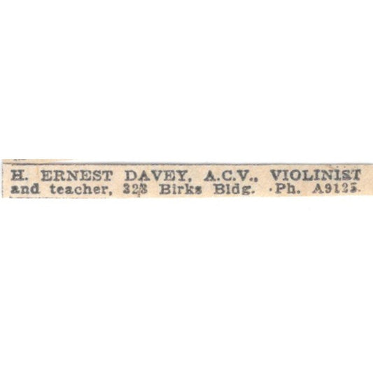 H Ernest Davey A.C.V Violinist & Teacher 323 Birks Bldg Winnipeg 1920 Ad AG2-S11