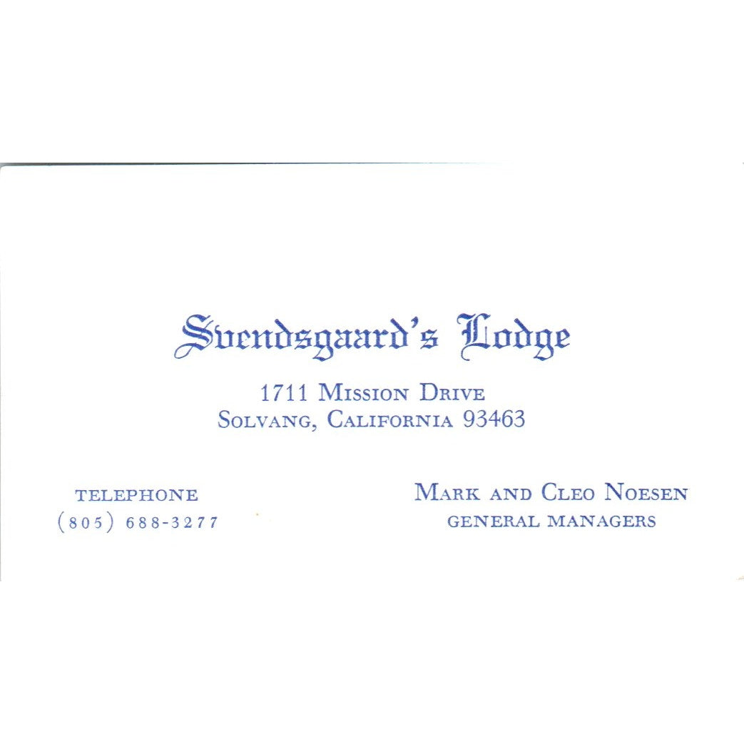 Svendsgaard's Lodge Mark & Celo Noesen Solvang CA Vintage Business Card SD8-B22