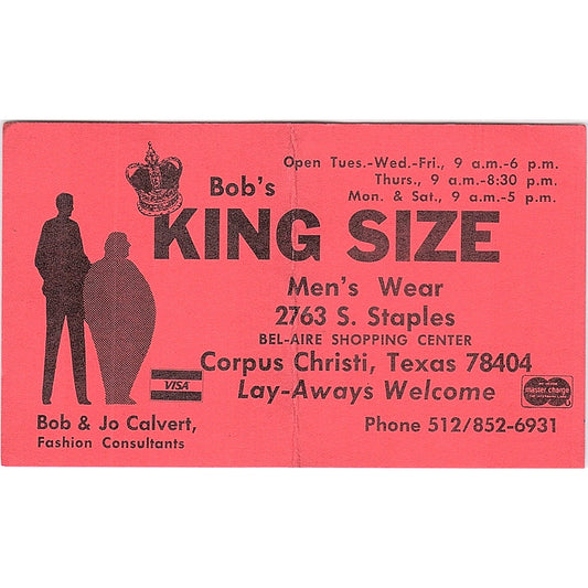 Bob's King Size Men's Wear Bob & Jo Calvert Corpus Christi Business Card TH2-B2
