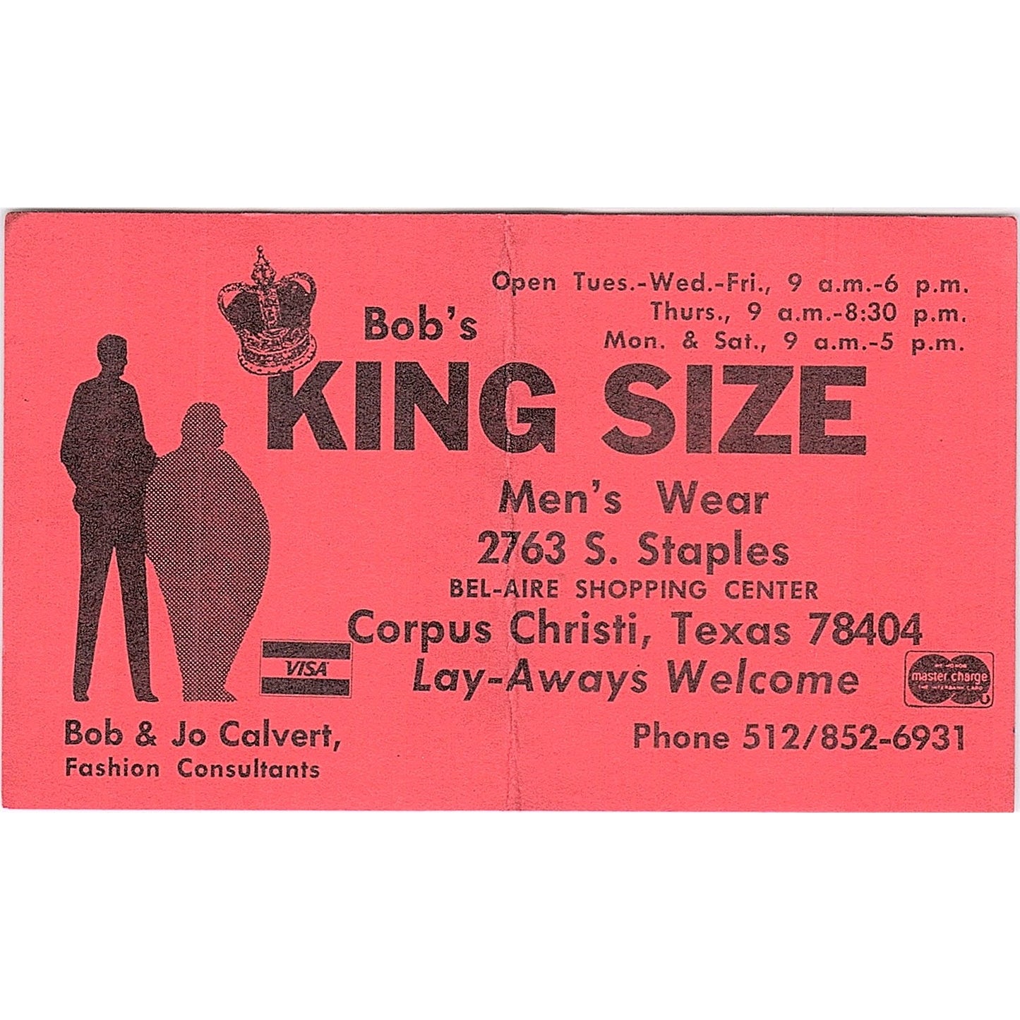 Bob's King Size Men's Wear Bob & Jo Calvert Corpus Christi Business Card ML1-6