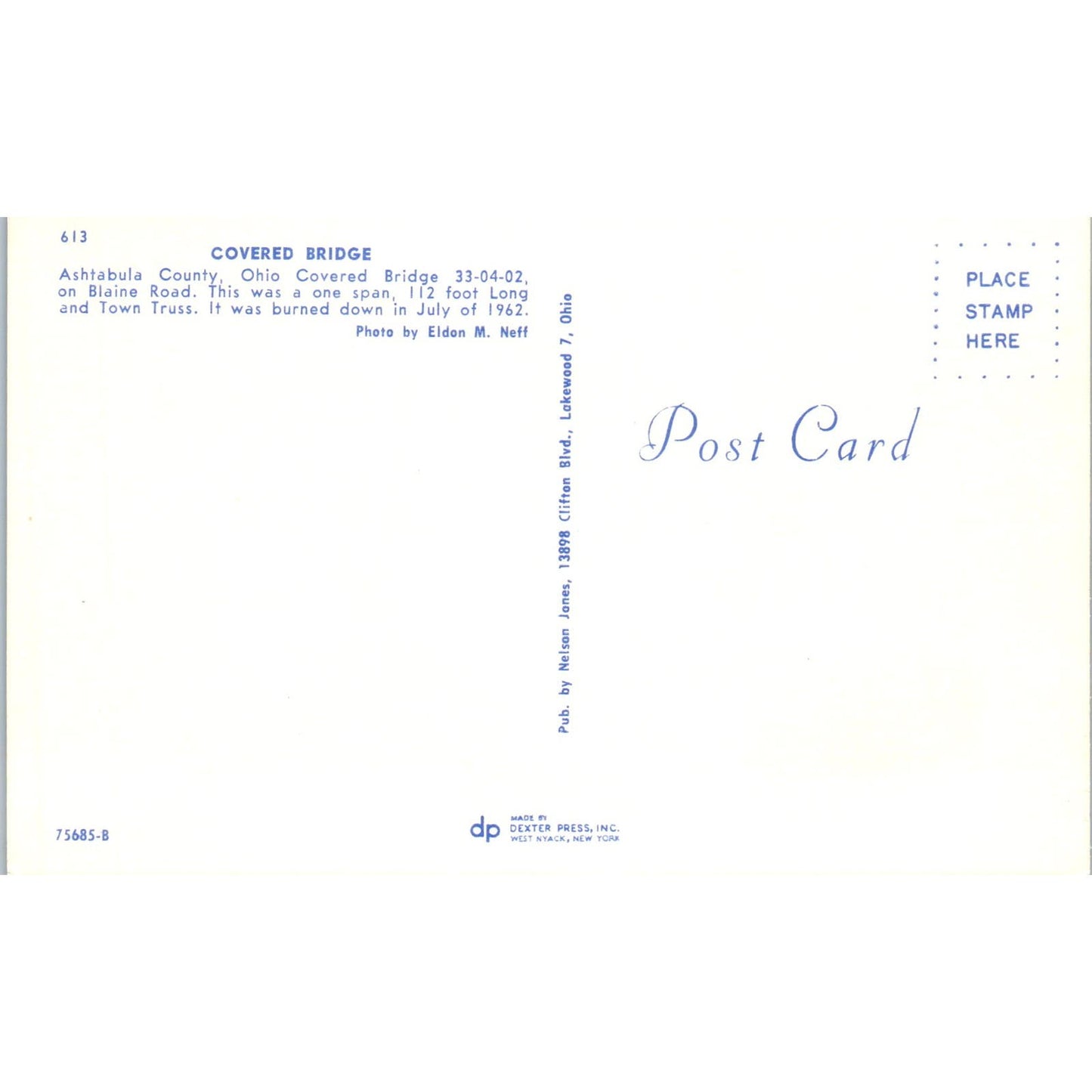 Ashtabula County Bridge 33-04-02 Ohio Vintage Covered Bridge Postcard PC17