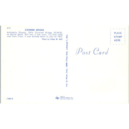 Ashtabula County Bridge 33-04-02 Ohio Vintage Covered Bridge Postcard PC17