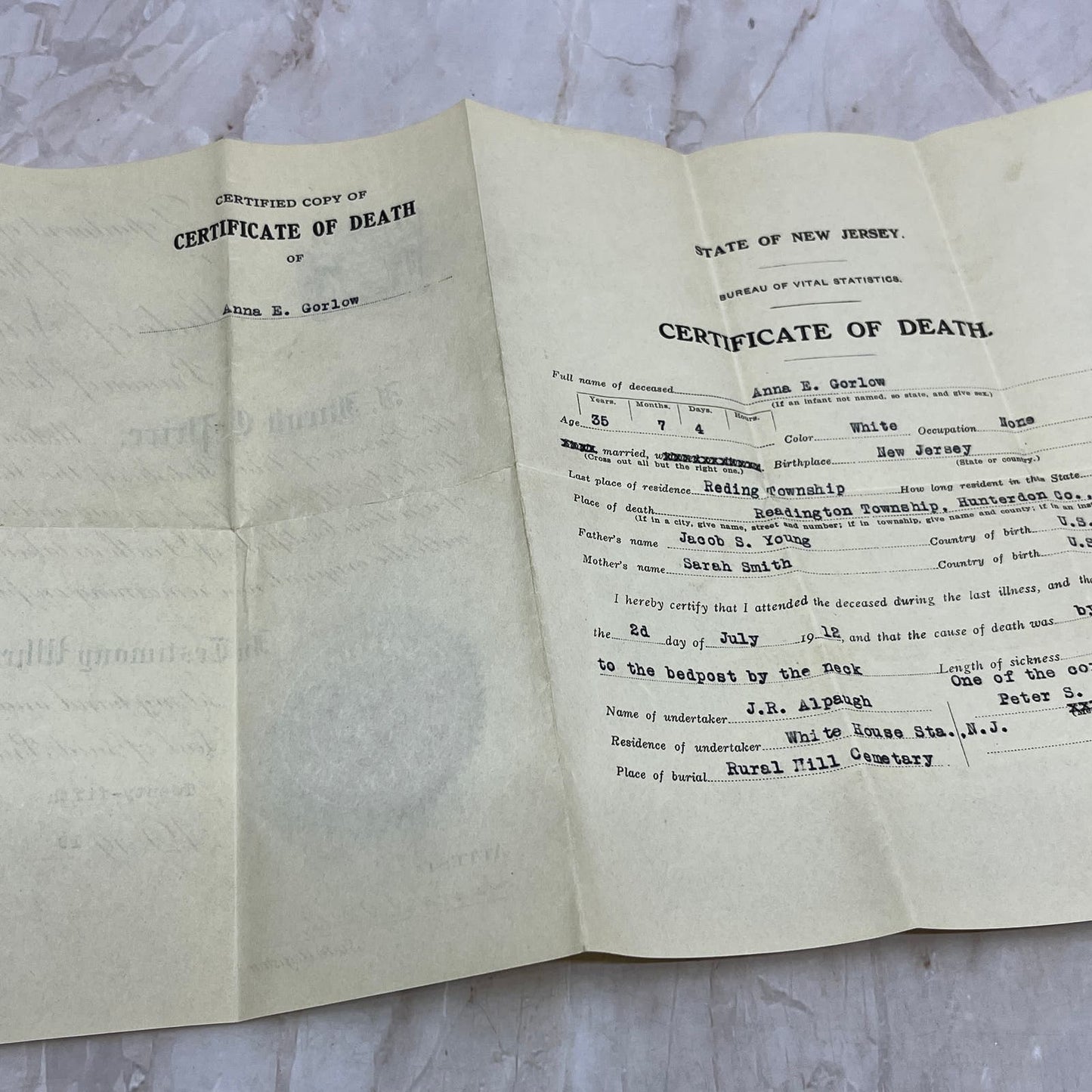 1919 Death Certificate Anna E. Gorlow Reding Township NJ Death By Hanging TG9-E1