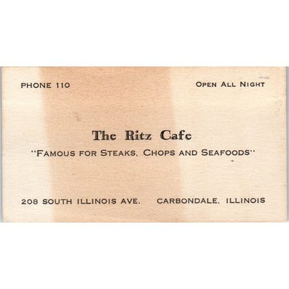 The Ritz Cafe Steaks Chops Seafood Carbondale IL Vintage Business Card AF7-E3