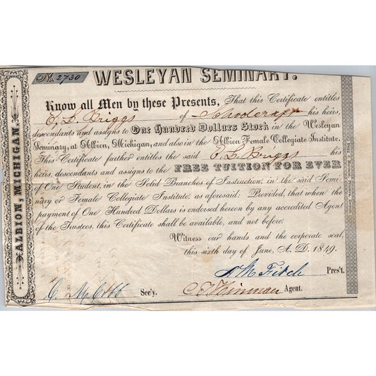 1849 Wesleyan Seminar Tuition Stock Stub Albion Michigan K23
