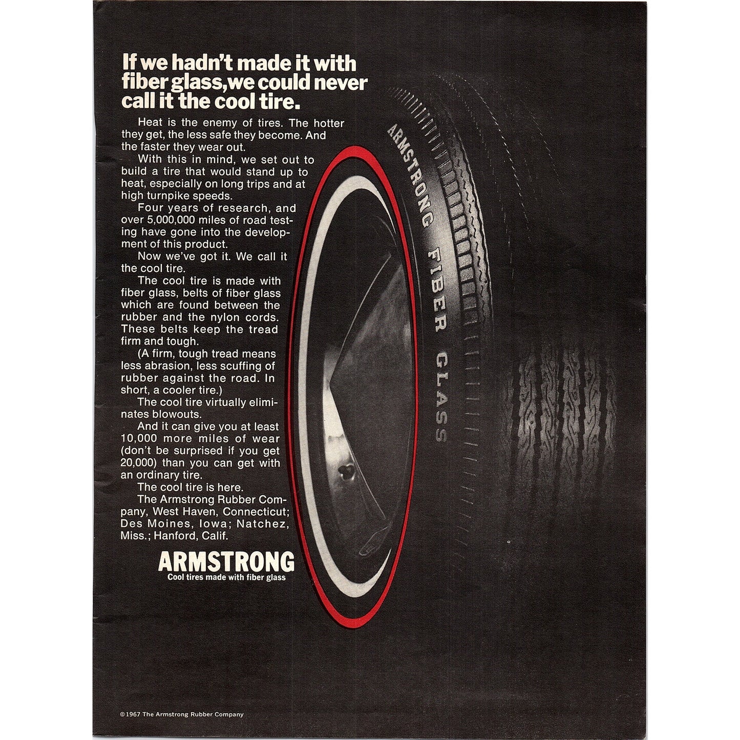 Armstrong Fiberglass Tire Des Moines, West Have, Hanford, Natchez 1967 Ad AG2-2
