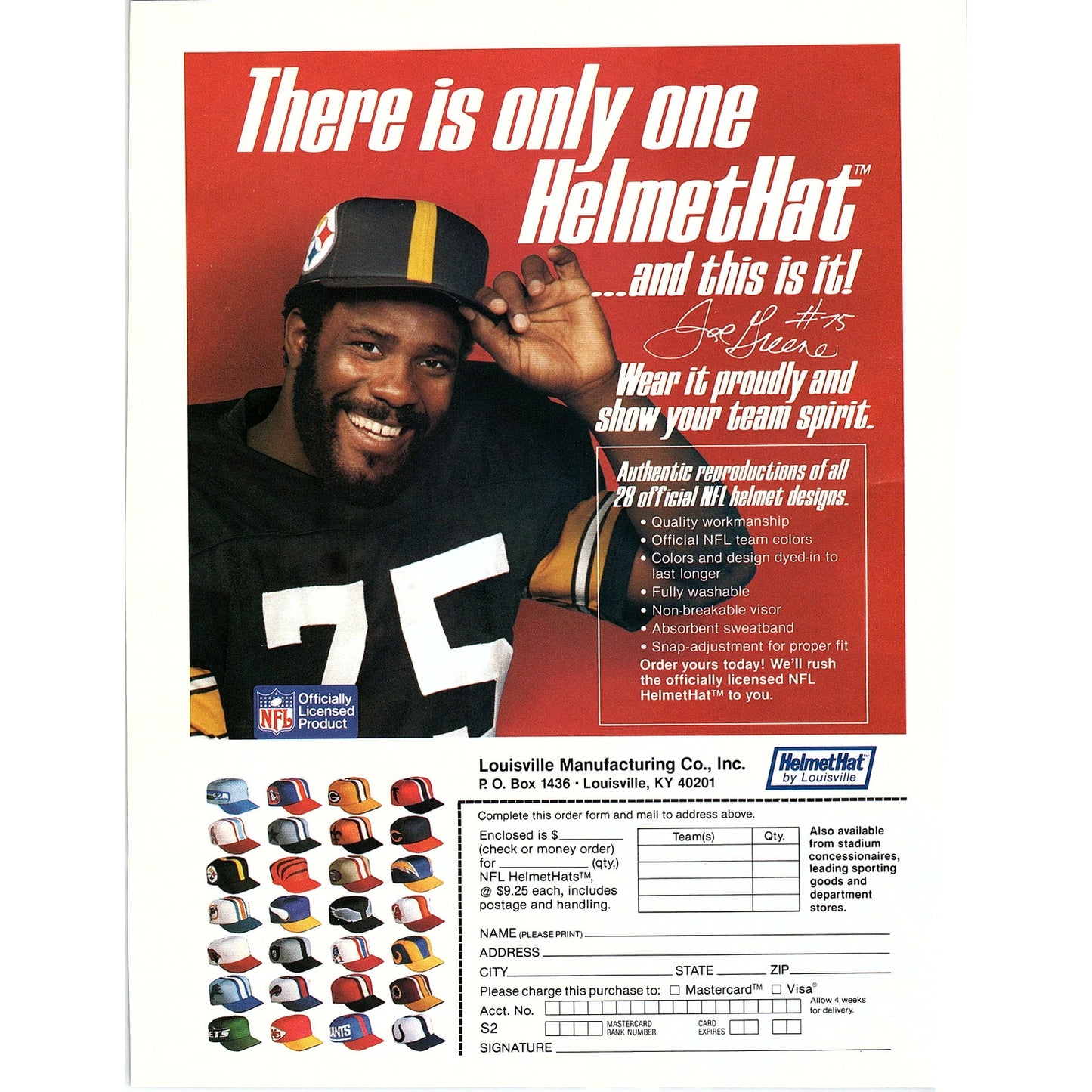 Mean Joe Greene NFL HelmetHat by Louisville 8x11" 1981 Ad D26
