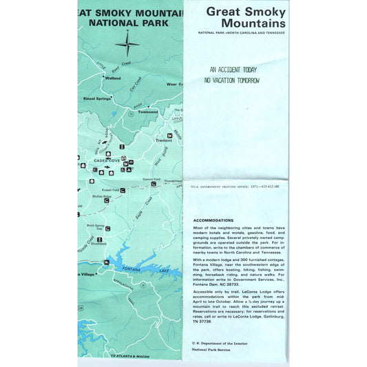 Vintage 1971 Great Smoky Mountains Park NC TN Fold Out Map & Brochure TF4-B3