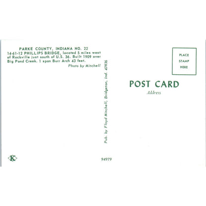 Phillips Bridge Parke County Indiana #22 Covered Bridge Postcard PB10