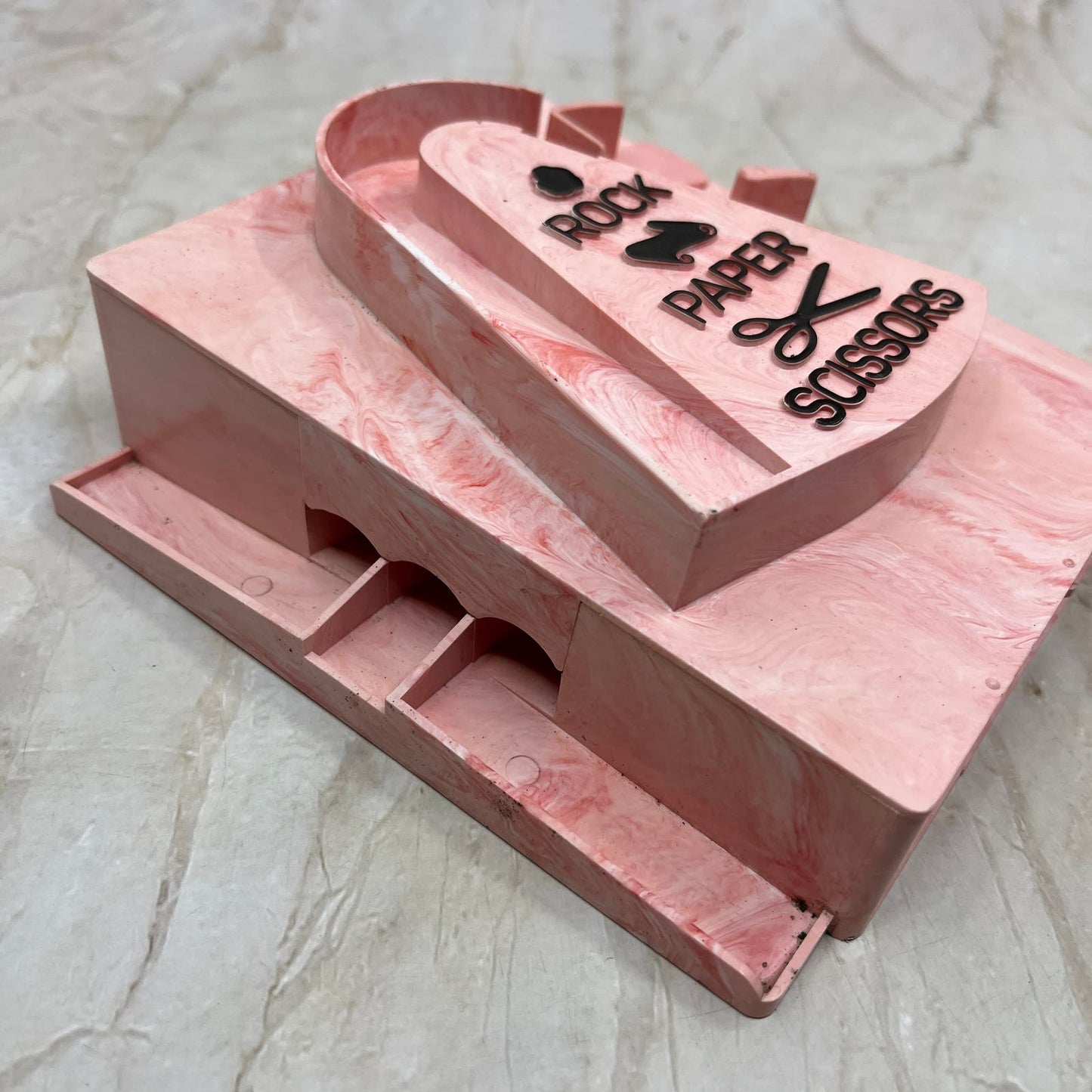1961 ROCK, PAPER, SCISSORS GAME Pink Marbled Celluloid Schaper Minneapolis TI9