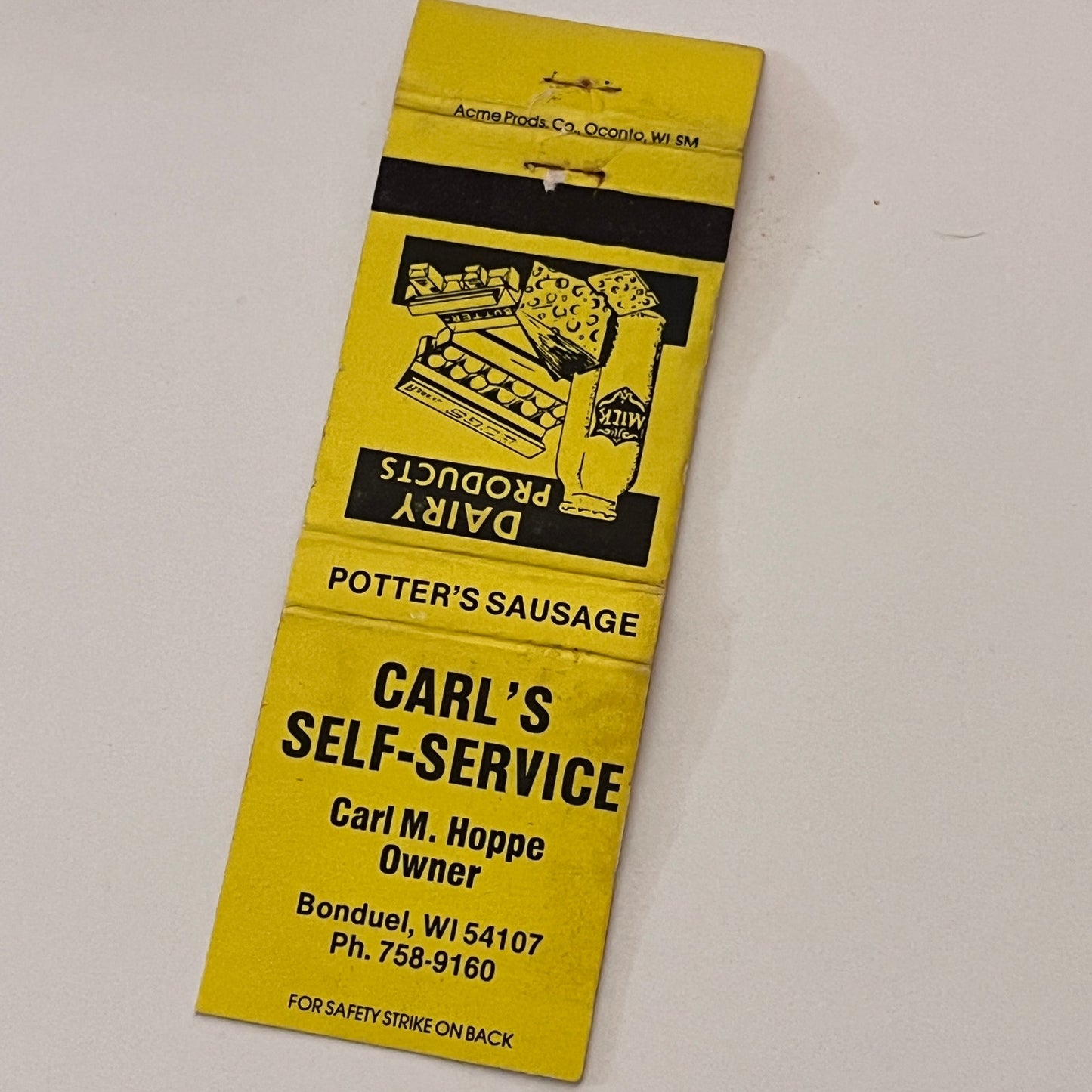 Carl's Self-Service Carl M Hoppe Bonduel WI Vintage Matchbook Cover TB6-MB2-2