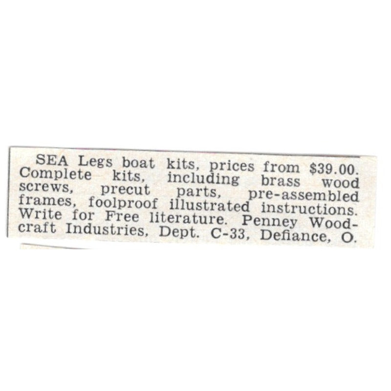 Sea Legs Boat Kits - Pennel Woodcraft Industries, Defiance OH 1955 Ad AG1-S7