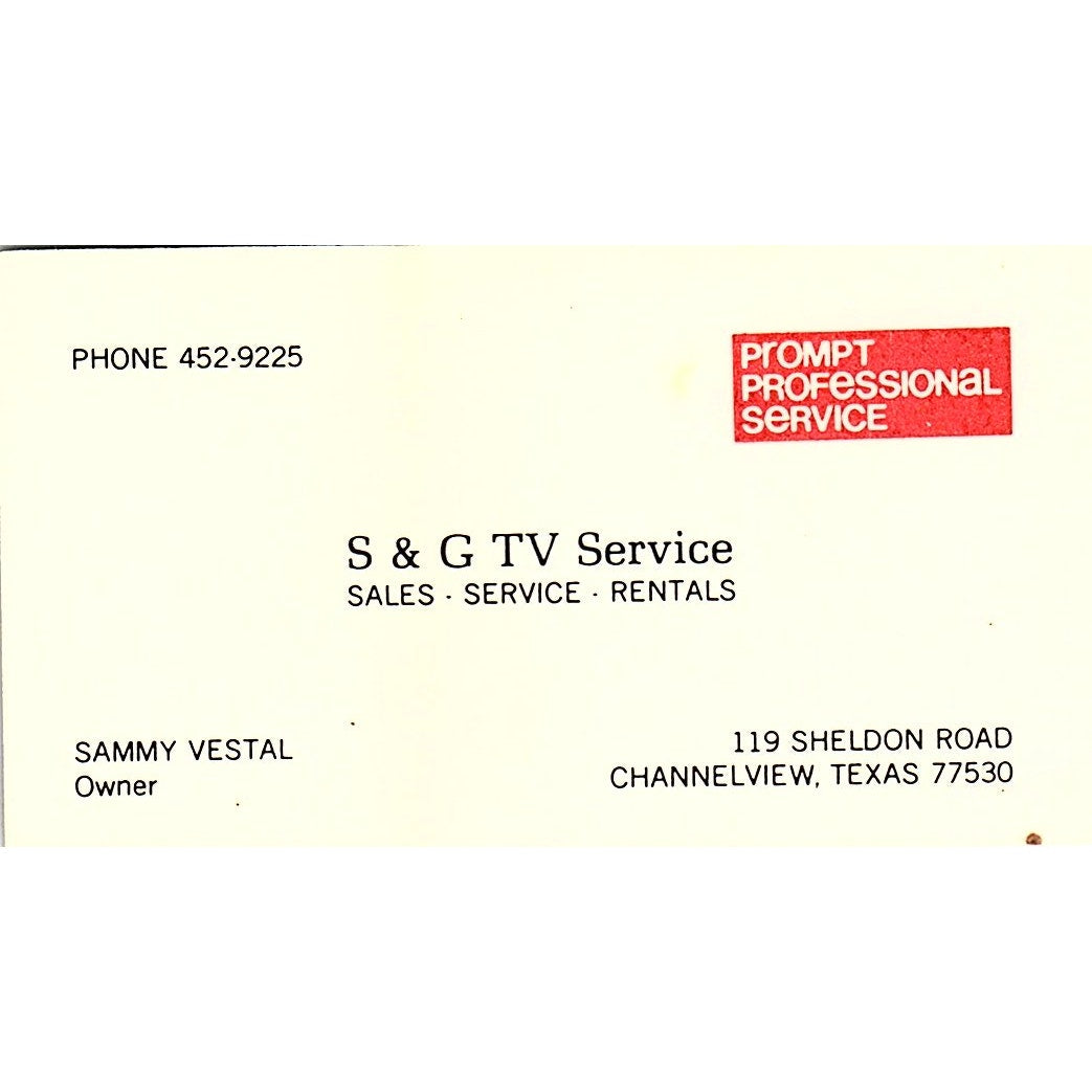 S & G TV Service Sammy Vestal Channelview TX Vintage Business Card SSB4-B12