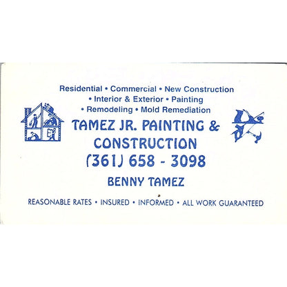 Benny Tamez Jr Painting & Construction Corpus Christi Vtg Business Card SC9-B9